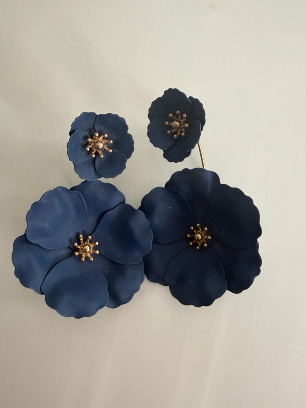 Navy Floral Statement Drop Earrings - Gold Center